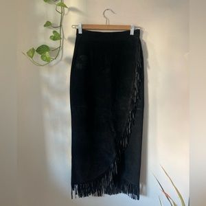 Black suede fringe western slit skirt